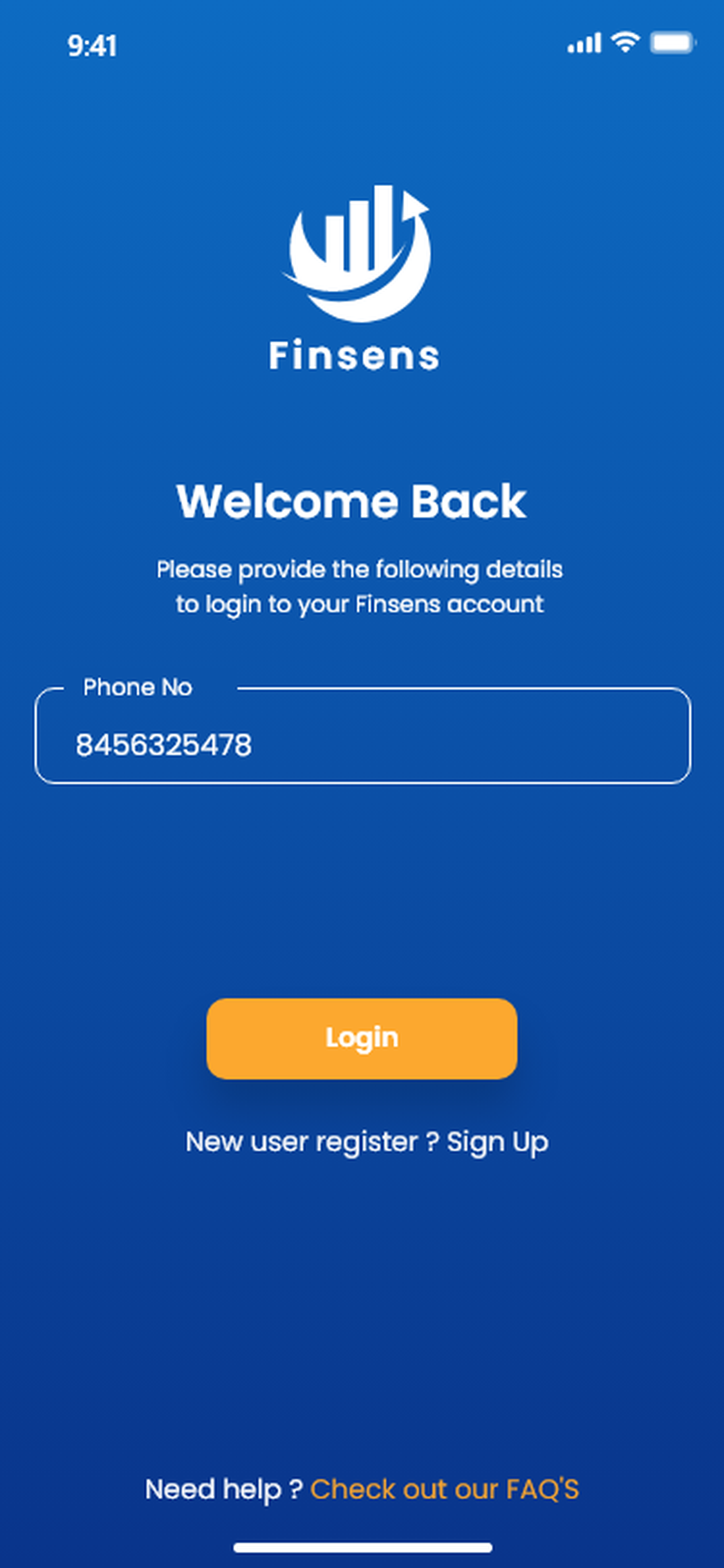 Finsens welcome screen