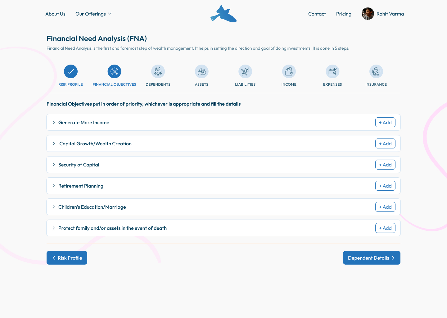 Independent — financial objectives step in the FNA wizard