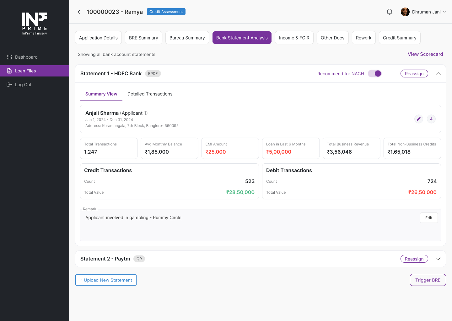 InPrime web admin — automated bank statement analysis