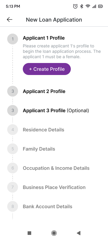 InPrime — eight-stage onboarding stepper on the mobile sales app