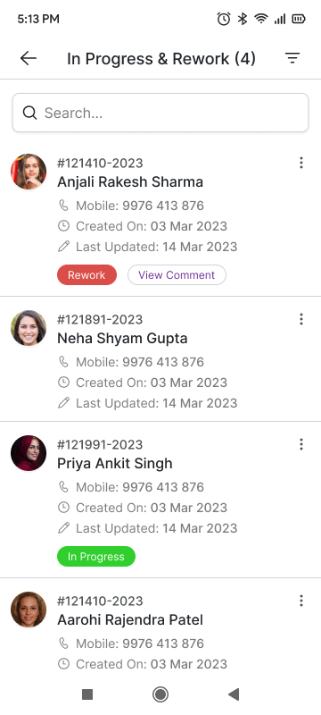 InPrime — sales rep applications queue with In Progress and Rework states