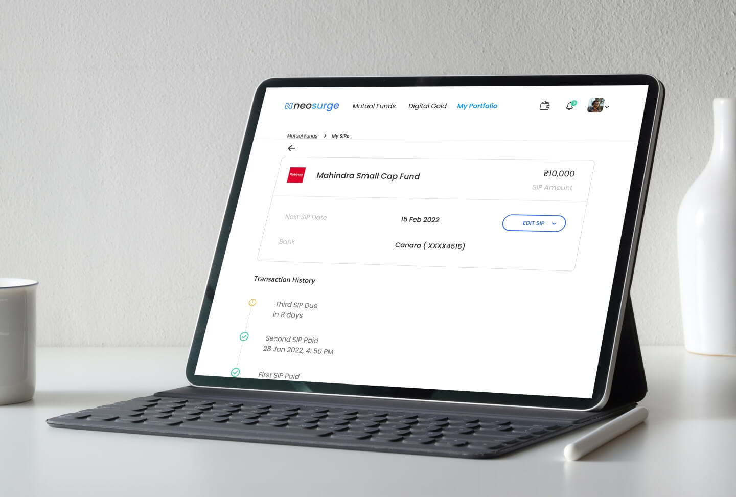 Neosurge web app — SIP management on tablet