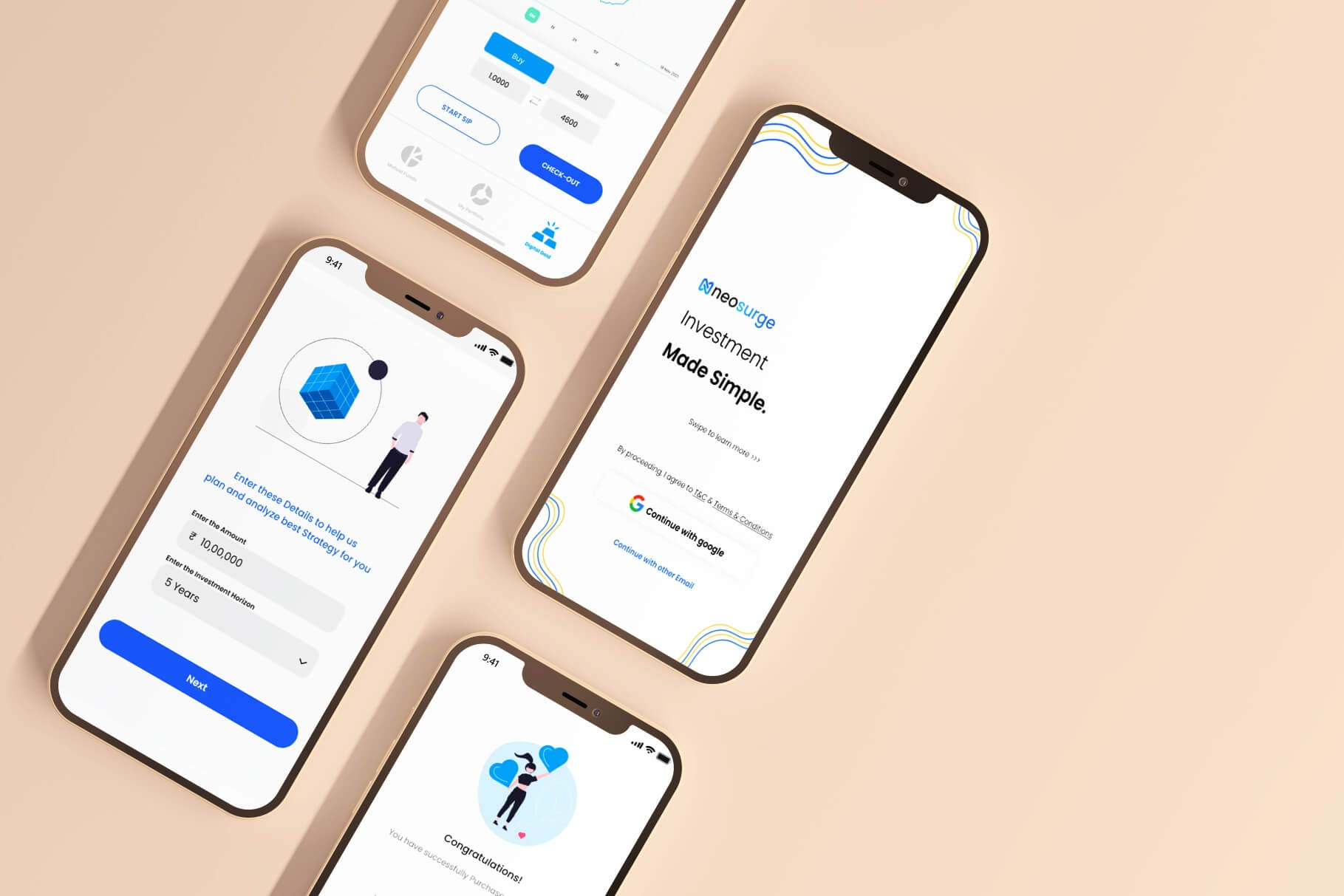 Neosurge mobile app — onboarding, strategy planning, and gold trading