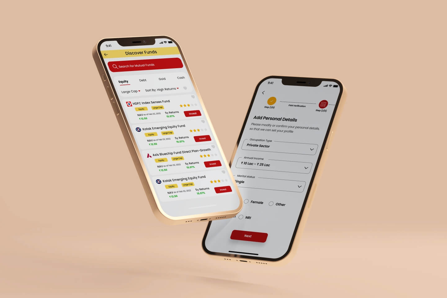 PHFL fund discovery and personal details screens