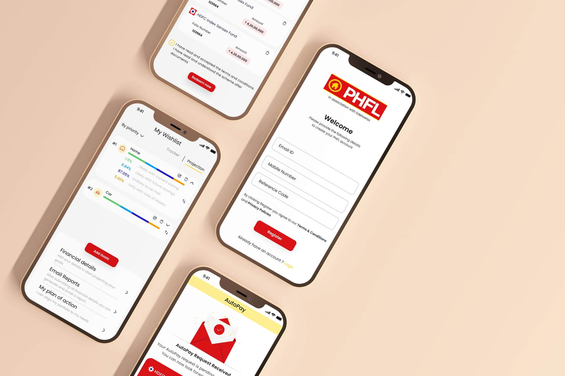 PHFL welcome, wishlist, redeem, and autopay screens